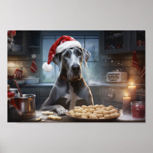 Blue Great Dane Baking Christmas Cookies Poster