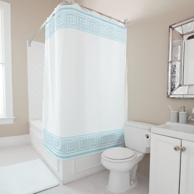 Blue Grecian Frieze Design Shower Curtain (In Situ)