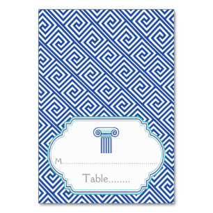 Blue Greek key and column wedding place card
