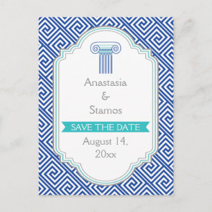 Blue Greek key and column wedding Save the Date Announcement Postcard