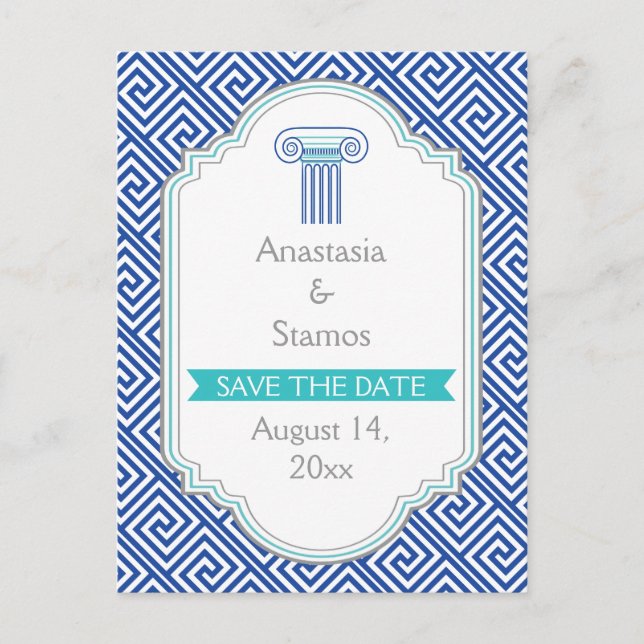 Blue Greek key and column wedding Save the Date Announcement Postcard (Front)