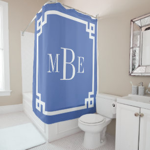 Blue Greek Key Border Monogram Shower Curtain