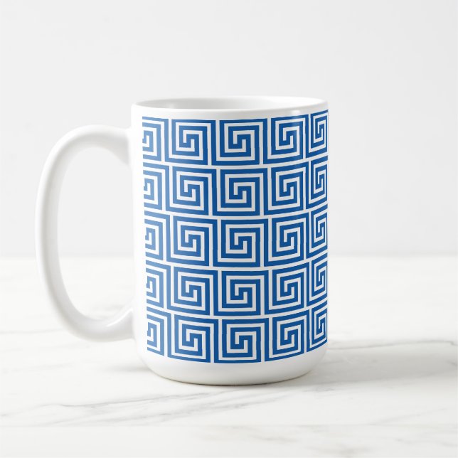Blue Greek Key Meander Pattern Coffee Mug (Left)