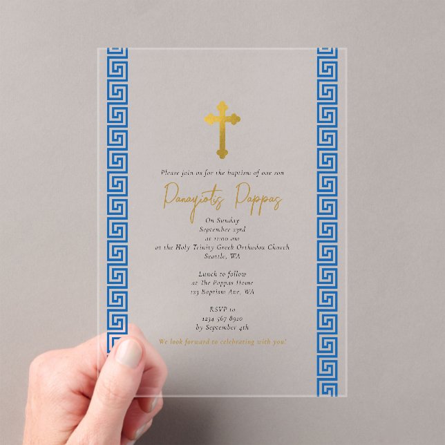 Blue Greek Key Orthodox Christening Boy Baptism Acrylic Invitations (Insitu (Handheld))