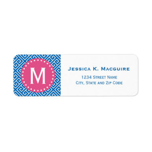 Blue Greek Key Pattern Pink Monogram Frame Return Address Label