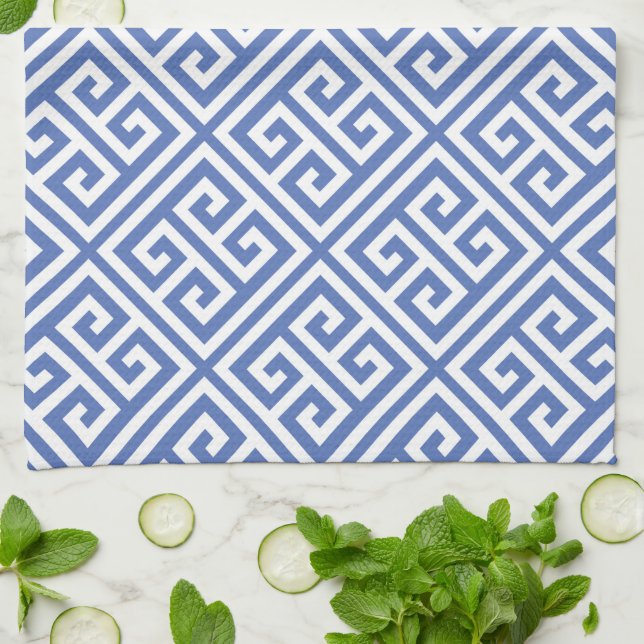 Blue Greek Key Pattern Tea Towel (Folded)