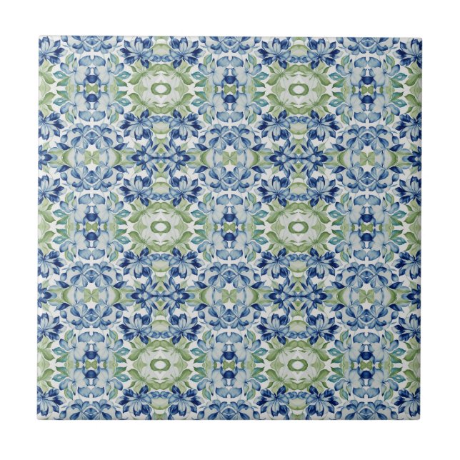 Blue Greem BOHO Floral pattern Ceramic Tile (Front)