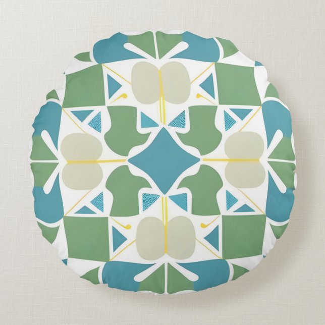 Blue Green Abstract Geometry For Modern Spaces Round Cushion (Front)