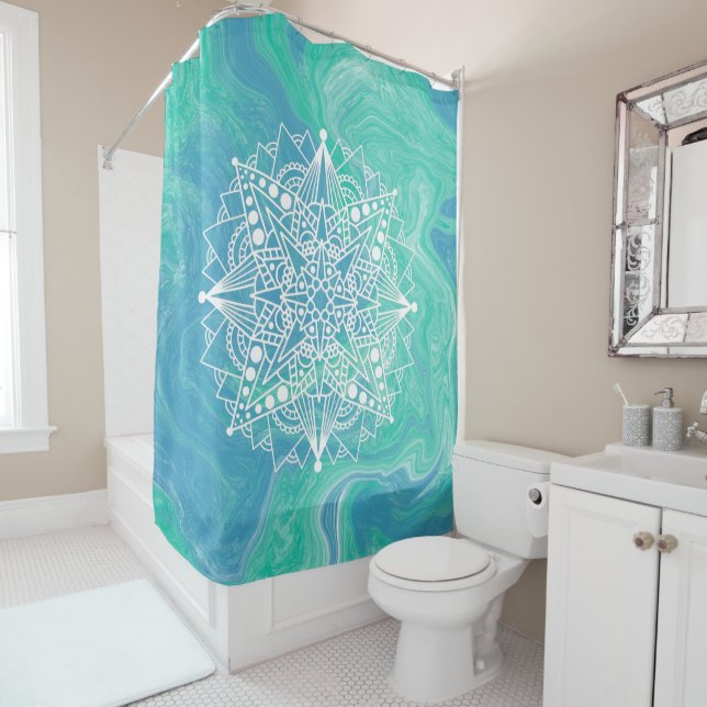 Blue Green Abstract Mandala Zen Shower Curtain (In Situ)