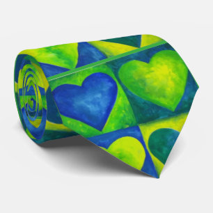 Blue Green Abstract Painted Heart Hearts Print Tie