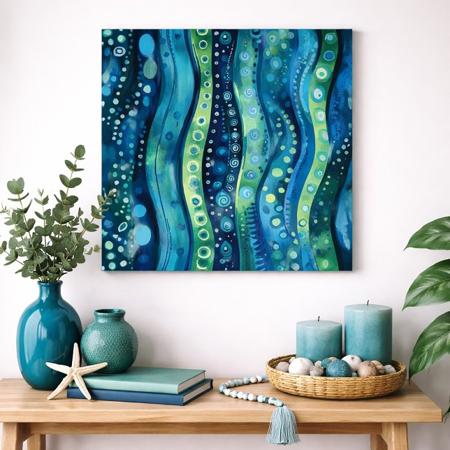 Blue Green Abstract Wave Watercolor Wall Art (Blue and green abstract boho waves)