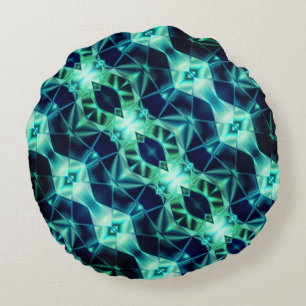 Blue-green acrylic rapport, neon mirroring shapes round cushion