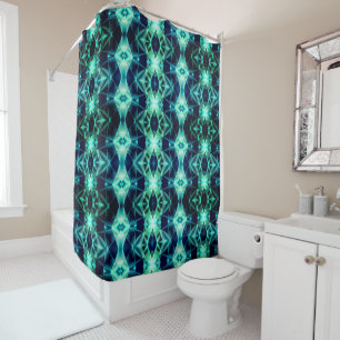 Blue-green acrylic rapport, neon mirroring shapes  shower curtain