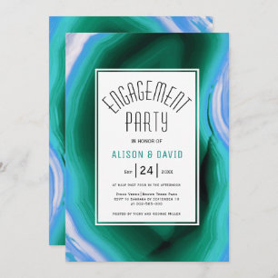 Blue, green agate slice wedding engagement party invitation