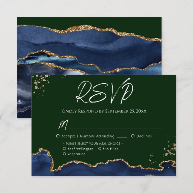 Blue & Green Agate Wedding RSVP Card (Front/Back)