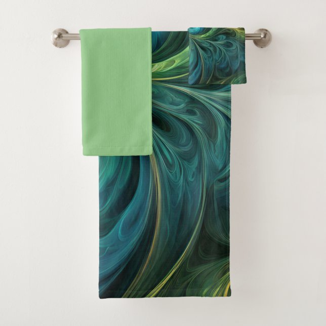 Blue Green AI Fractal Pattern Bath Towel Set (Insitu)
