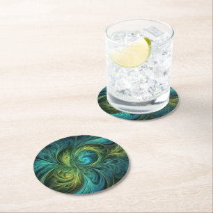 Blue Green AI Fractal Pattern Round Paper Coaster