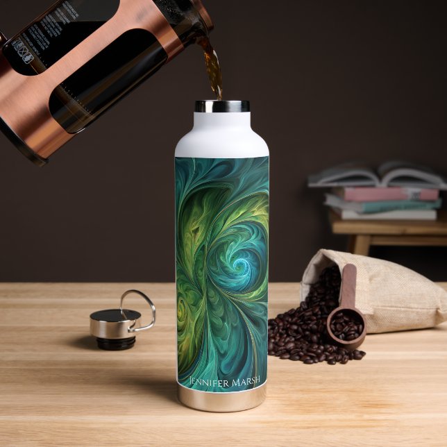 Blue Green AI Fractal Pattern Water Bottle (Coffee)