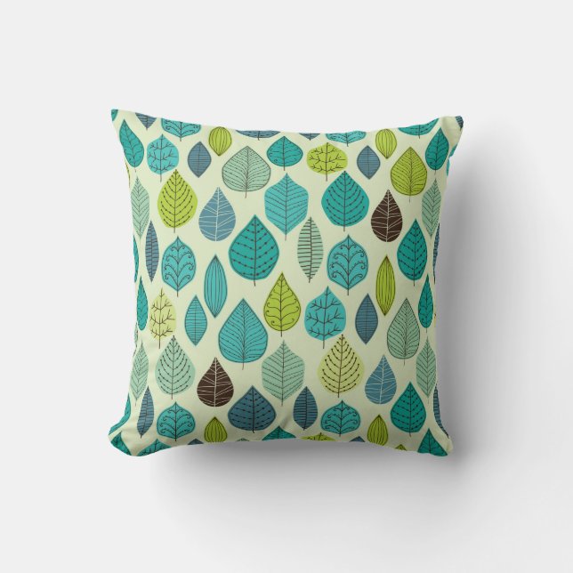 Blue Green And Beige Leafs Pattern Cushion (Front)
