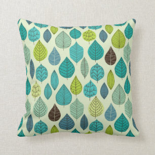 Blue Green And Beige Leafs Pattern Cushion