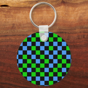 Blue Green And Black Chequered Pattern Key Ring