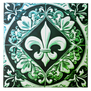 Blue Green and Black Fleur de Lis Ceramic Tile