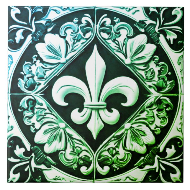 Blue Green and Black Fleur de Lis Ceramic Tile (Front)