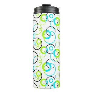blue green and black rings and circles on white thermal tumbler