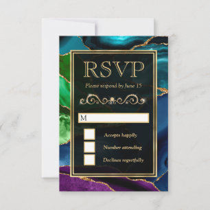 Blue, Green and Gold Glitter Agate Wedding RSVP Card