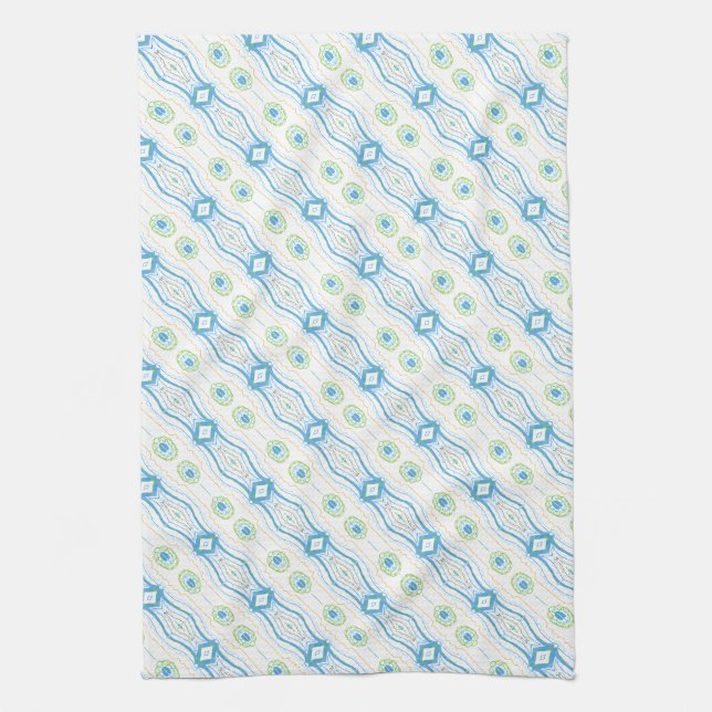 Blue Green and Gold Patterned Tea Towel (Vertical)