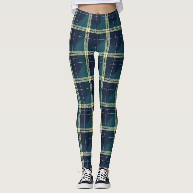 Blue Green and Gold Plaid Leggings (Front)