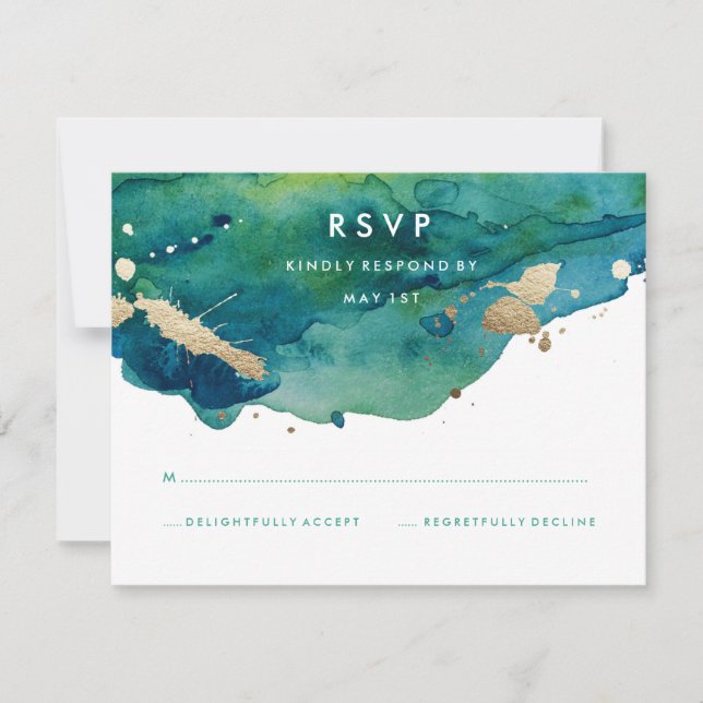 Blue Green and Gold Splatter RSVP Card (Front)