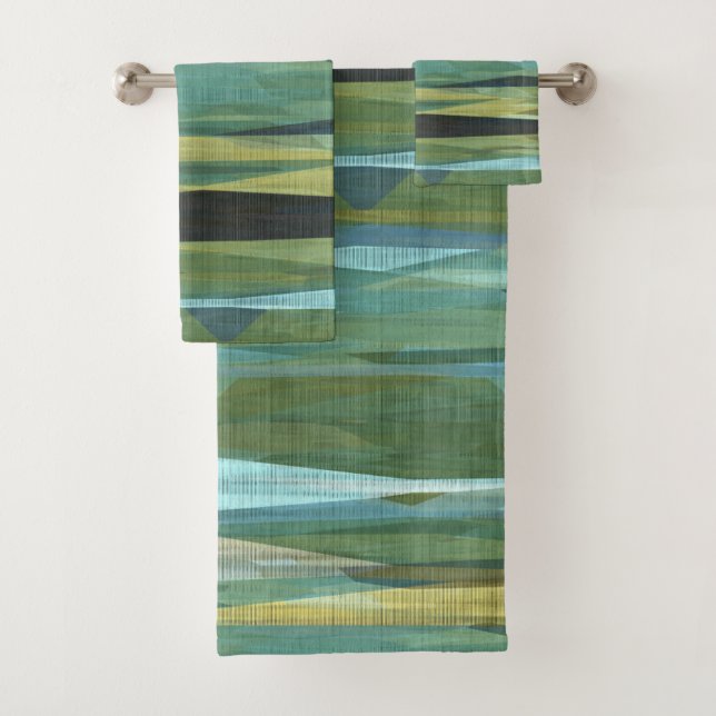 Blue Green and Grey Modern art Bath Towel Set (Insitu)