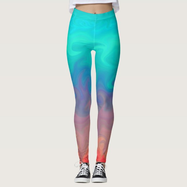 Blue Green and Orange Abstract Design Pattern Leggings (Front)