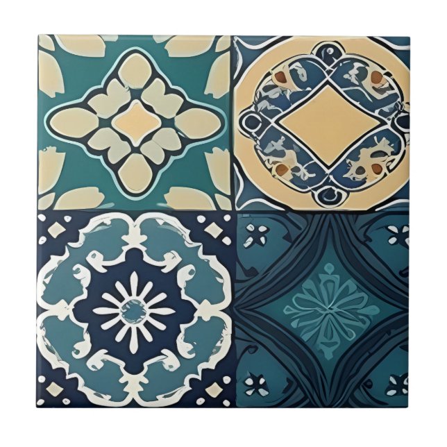 Blue, Green and Pale Yellow Ceramic Moroccan Tile (Front)