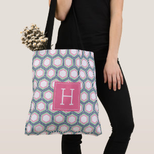 Blue Green and Pink Geometric Pattern and Monogram Tote Bag