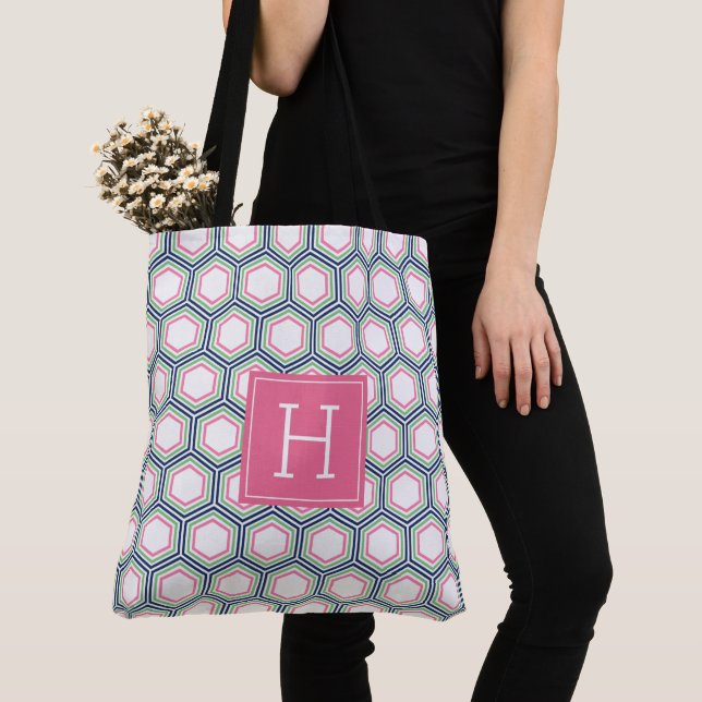 Blue Green and Pink Geometric Pattern and Monogram Tote Bag (Close Up)