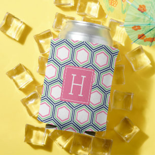 Blue Green and Pink Honeycomb Pattern Monogram Can Cooler