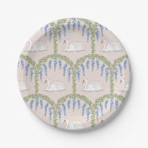 Blue, Green and Tan Cottagecore Garden Swans Paper Plate