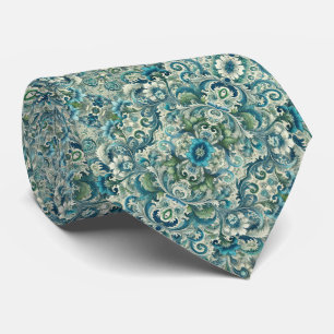 Blue, Green and Teal Floral & Swirl Pattern Tie