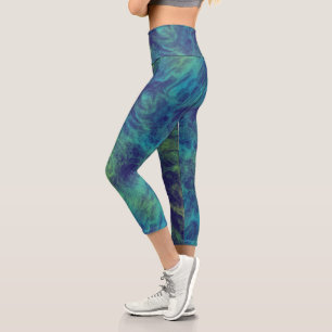 Blue, green and turquoise marble Abstract Capri Leggings