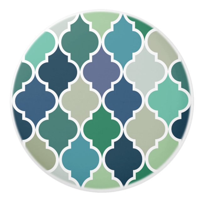 Blue, green and turquoise quatrefoil pattern ceramic knob (Front)