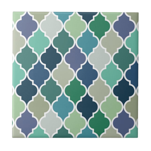 Blue, green and turquoise quatrefoil pattern ceramic tile (Front)