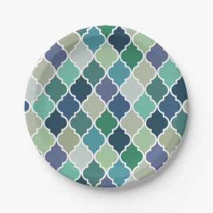 Blue, green and turquoise quatrefoil pattern paper plate