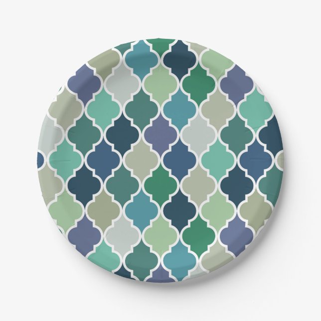 Blue, green and turquoise quatrefoil pattern paper plate (Front)