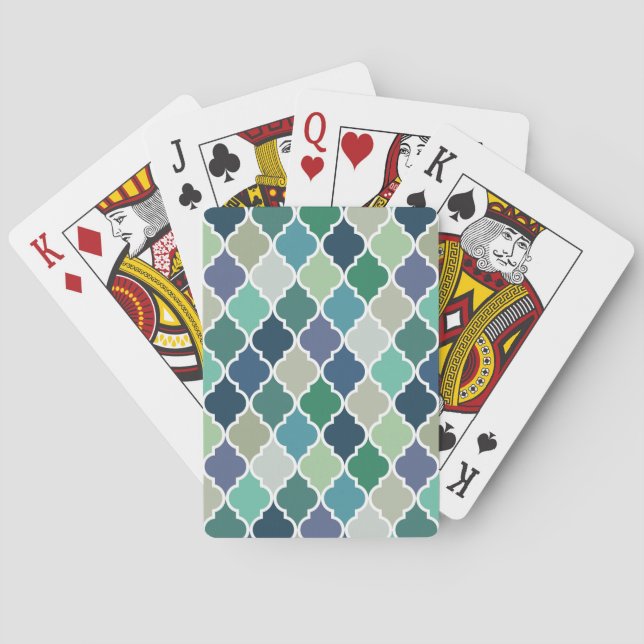 Blue, green and turquoise quatrefoil pattern playing cards (Back)