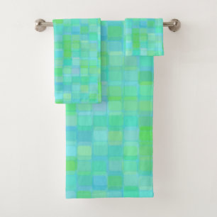 Blue, green and turquoise square abstract bath towel set