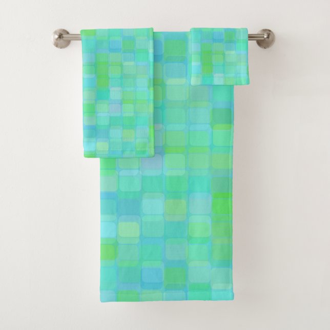 Blue, green and turquoise square abstract bath towel set (Insitu)