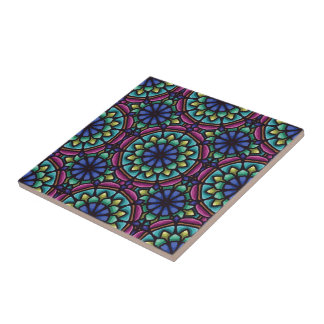 Blue green and violet mandala geometric design ceramic tile