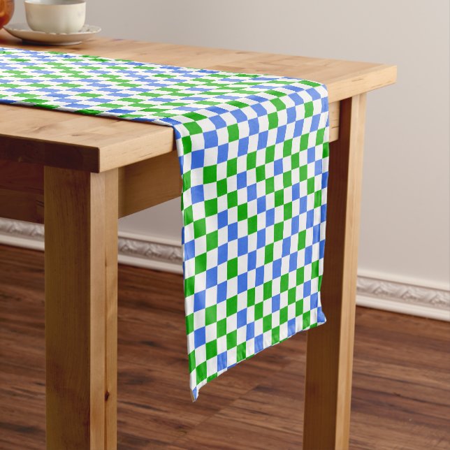 Blue Green And White Chequered Pattern  Short Table Runner (In Situ)
